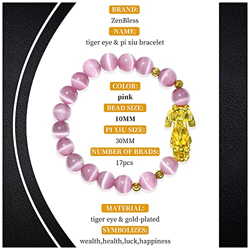 ZenBless Prime Feng Shui Bracelet Cat Eye Bead Bracelet with Gold Plated Pi Xiu/Pi Yao Attract Wealth and Good Luck Amulet Gift(Pink M) - Image 2