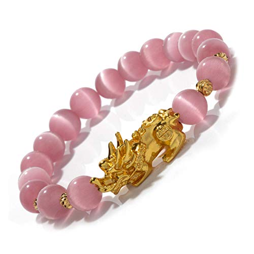 ZenBless Prime Feng Shui Bracelet Cat Eye Bead Bracelet with Gold Plated Pi Xiu/Pi Yao Attract Wealth and Good Luck Amulet Gift(Pink M) - Image 1