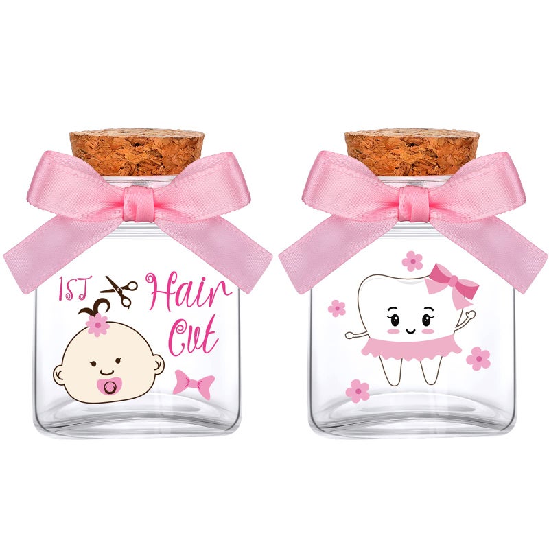 Eaasty 2 Piece Baby Keepsake Box Glass Baby First Teeth Curl Haircut Keepsake Holder for Boys and GirlsPinkGirl Pattern