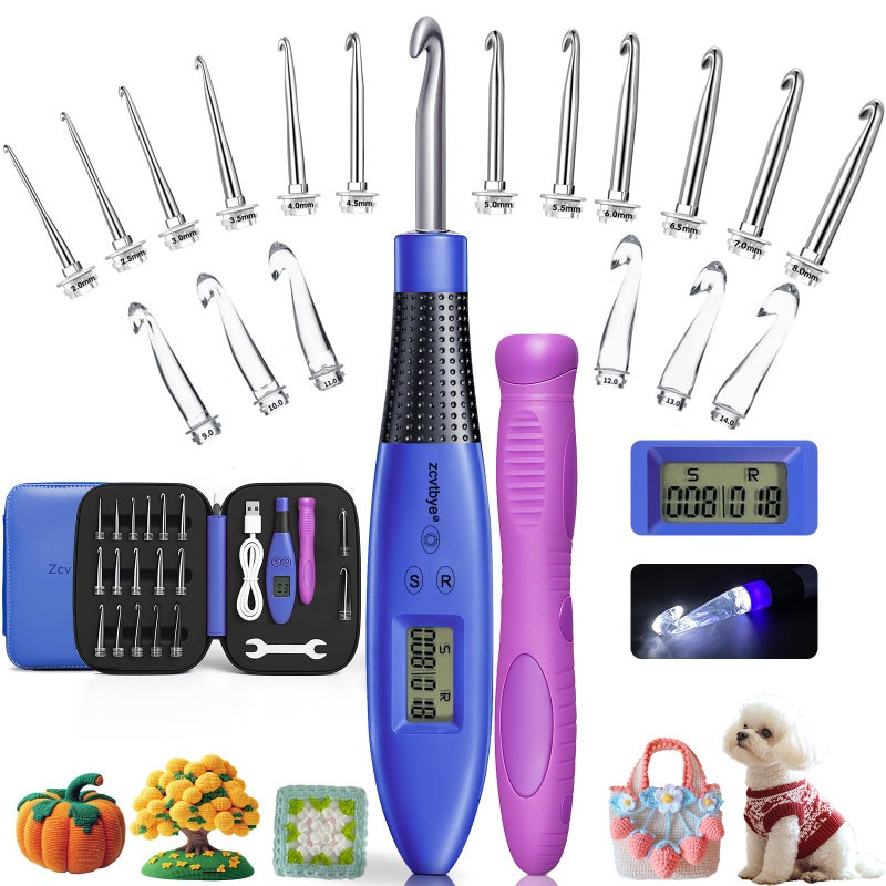 Zcvtbye 18 Size Counting Crochet Hook for Beginners Lighted Led Digital Row Stitch Counter with Ergonomic Soft Handle Interchangeable Metal Hook Heads USB Rechargeable for Dark Yarn - Image 2
