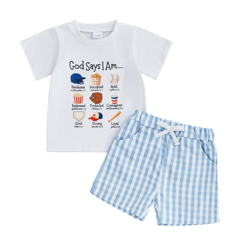 Fernvia Toddler Baby Boy Summer Clothes Short Sleeve Baseball Print T-shirt Plaid Shorts 2 Piece Outfits (B-Blue, 2-3T) - Image 1