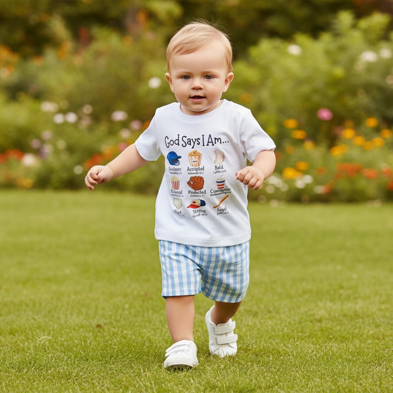 Fernvia Toddler Baby Boy Summer Clothes Short Sleeve Baseball Print T-shirt Plaid Shorts 2 Piece Outfits (B-Blue, 2-3T) - Image 3