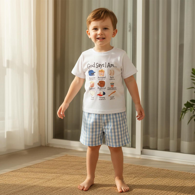 Fernvia Toddler Baby Boy Summer Clothes Short Sleeve Baseball Print T-shirt Plaid Shorts 2 Piece Outfits (B-Blue, 2-3T) - Image 2
