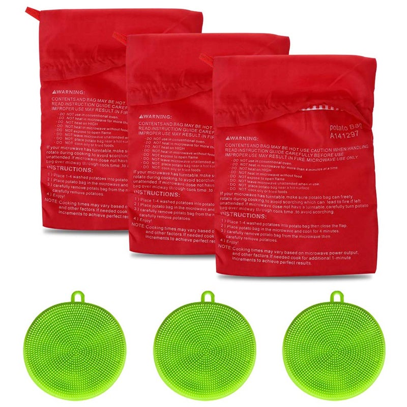 Roucerlin 3 Pack of Microwave Potato Bag Kit with 3PCS Silicone Vegetable Scrubber Brush Reusable Baked Potato Pouch and Multipurpose Silicone Dish Sponge Green