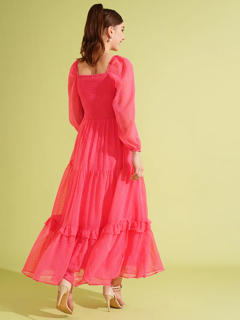 globus Women Bishop Sleeve Georgette Smocked Tiered Maxi Dress