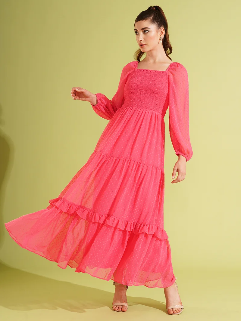 globus Women Bishop Sleeve Georgette Smocked Tiered Maxi Dress