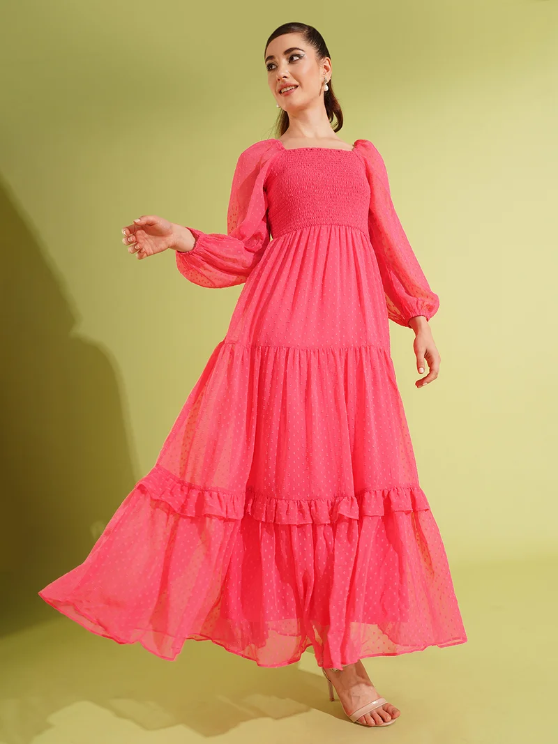 globus Women Bishop Sleeve Georgette Smocked Tiered Maxi Dress