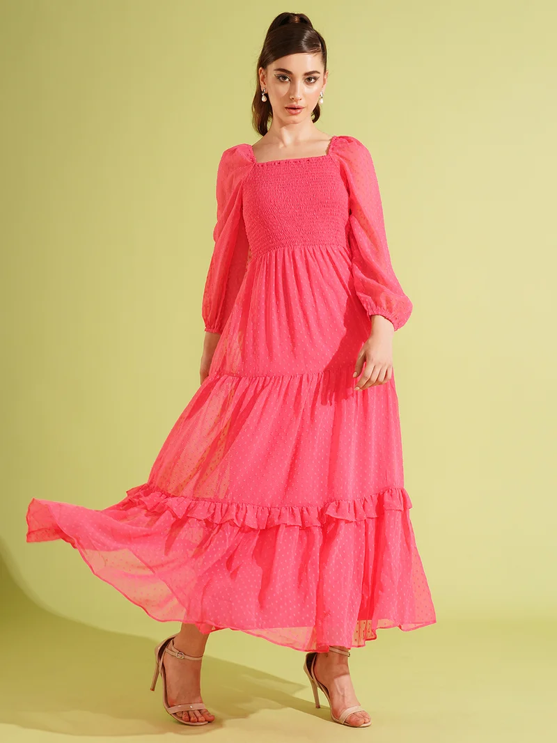 globus Women Bishop Sleeve Georgette Smocked Tiered Maxi Dress