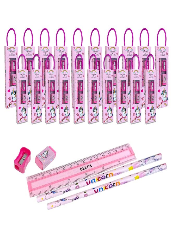 Dharmsaar Unicorn Theme Stationery Set for Kids | 4 Pcs School Kit with 2 Pencils, Eraser, Sharpener & Scale | Gift for Girls & Boys Age 3-15 Years | Return Gift for Kids (Unicorn, Pack of 20) - Image 1