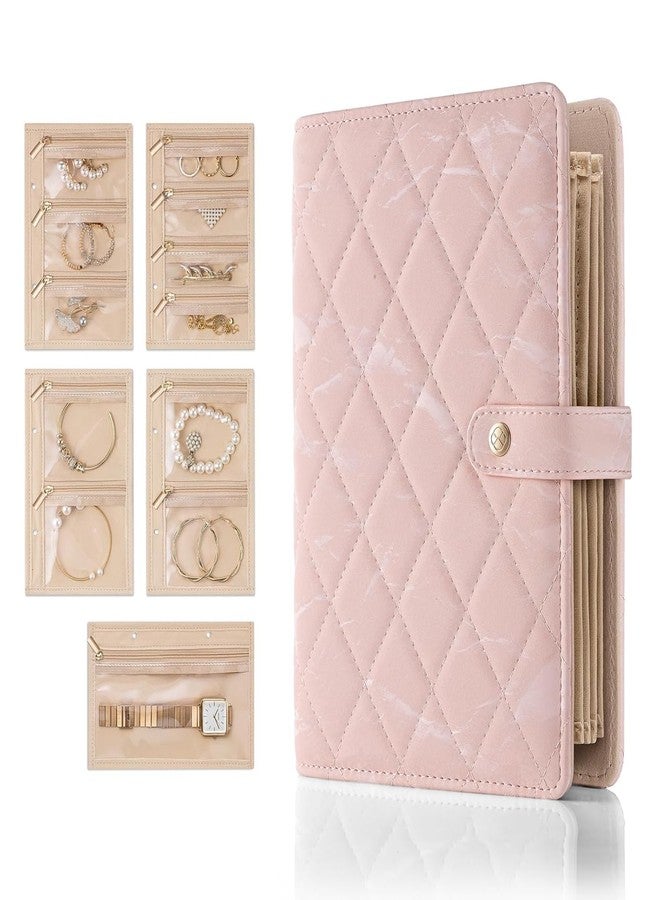 MODINITY منظم مجوهرات سفر مخملي وردي قابل للطي مع جراب شفاف بسحاب، علبة تخزين صغيرة الحجم للخواتم والقلائد والأقراط والأساور، حامل مجوهرات ناعم وواقي للرحلات والإجازات - Image 1