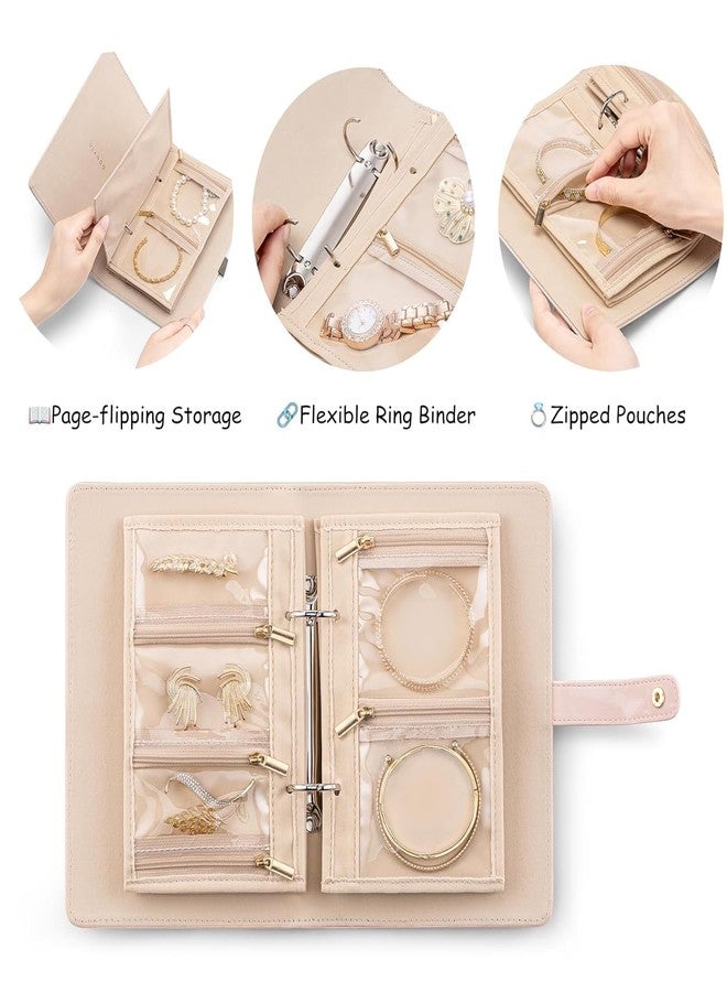 MODINITY منظم مجوهرات سفر مخملي وردي قابل للطي مع جراب شفاف بسحاب، علبة تخزين صغيرة الحجم للخواتم والقلائد والأقراط والأساور، حامل مجوهرات ناعم وواقي للرحلات والإجازات - Image 4