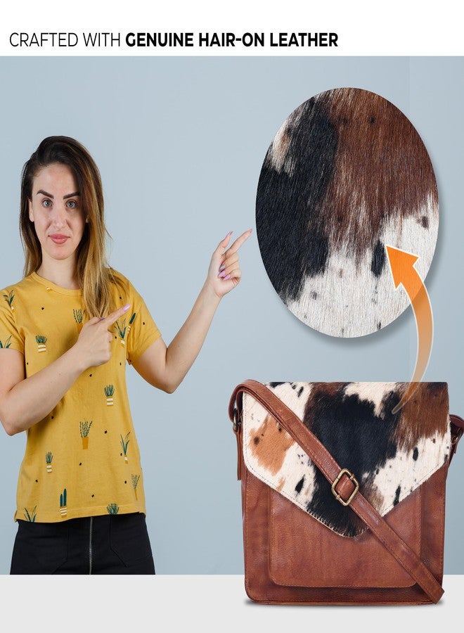 Ozora Leather Flapover Crossbody Handbag Purse for Women with Adjustable Strap & Overflap Snap Closure Tote/Bag, Tan Wash Spotted, Medium - Image 3