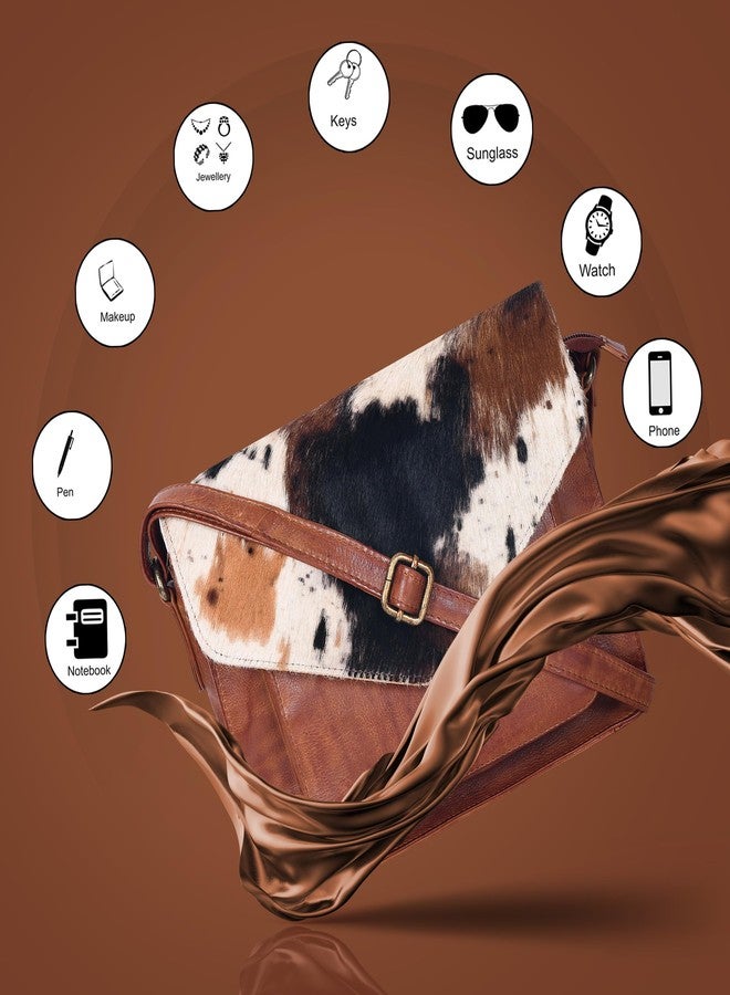 Ozora Leather Flapover Crossbody Handbag Purse for Women with Adjustable Strap & Overflap Snap Closure Tote/Bag, Tan Wash Spotted, Medium - Image 4