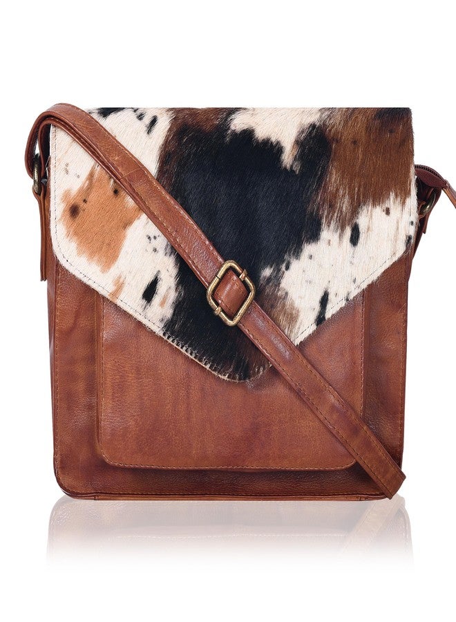 Ozora Leather Flapover Crossbody Handbag Purse for Women with Adjustable Strap & Overflap Snap Closure Tote/Bag, Tan Wash Spotted, Medium - Image 1