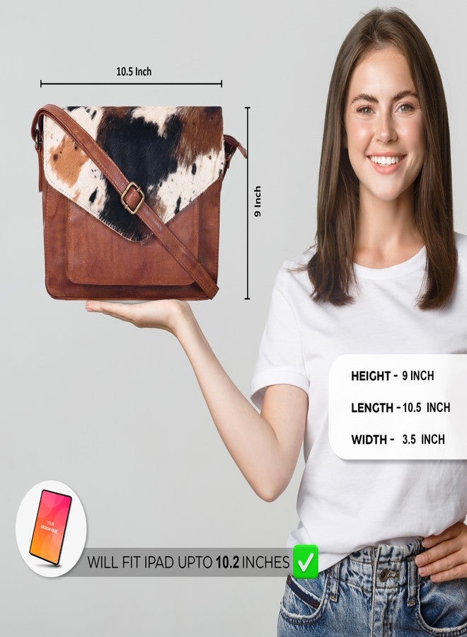 Ozora Leather Flapover Crossbody Handbag Purse for Women with Adjustable Strap & Overflap Snap Closure Tote/Bag, Tan Wash Spotted, Medium - Image 2