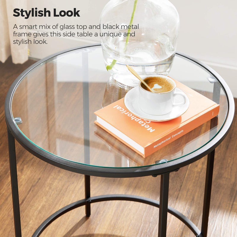 VASAGLE Round Side Table, Glass End Table with Metal Frame, Black Coffee Table with Modern Style, for Living Room, Balcony, Bedroom, Black - Image 5