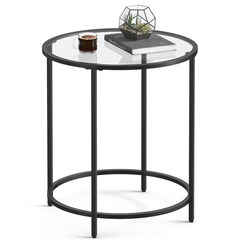 VASAGLE Round Side Table, Glass End Table with Metal Frame, Black Coffee Table with Modern Style, for Living Room, Balcony, Bedroom, Black - Image 1