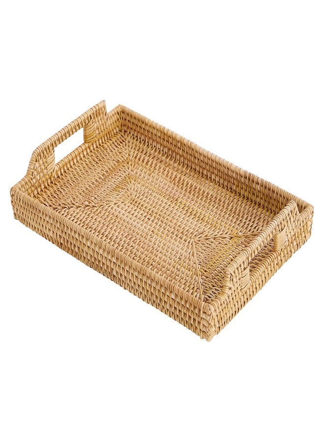 Kmelep Rattan Rectangular Serving Tray with Handles, Hand-Woven Wicker Decorative Tray for Coffee Table,Vintage Boho Style Decor for Dining, Kitchen, Bathroom, Outdoor(14.4"x10.4"x1.4") - Image 1