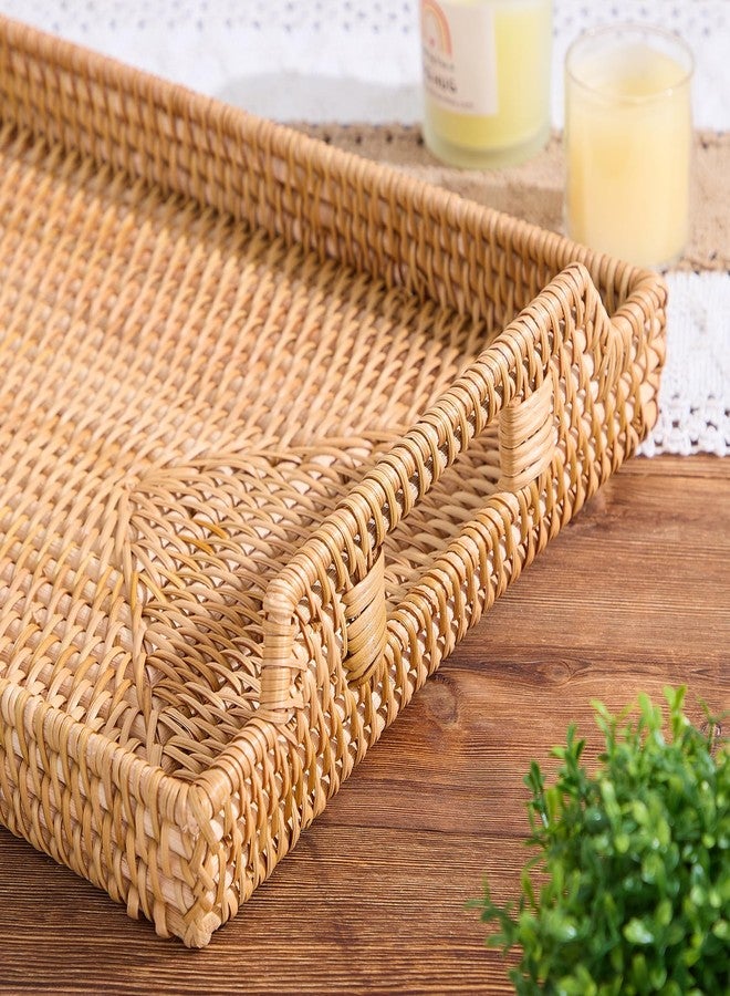 Kmelep Rattan Rectangular Serving Tray with Handles, Hand-Woven Wicker Decorative Tray for Coffee Table,Vintage Boho Style Decor for Dining, Kitchen, Bathroom, Outdoor(14.4"x10.4"x1.4") - Image 5