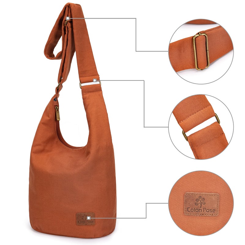 Coton Pose Hippie Crossbody Bag Top Zip Large Size Canvas Sling Bag Jacquard cloth Handmade Bags (Orange) - Image 3