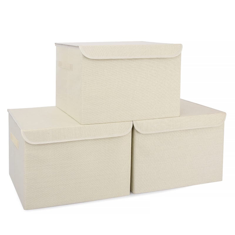 Bagnizer Large 42 Quarts Collapsible Stackable Storage Bins Cube with Lids [3-Pack] Foldable Fabric Linen Storage Boxes, Closet Organizer Baskets with Label for Home (16.7 x 12 x 12, Beige) - Image 1