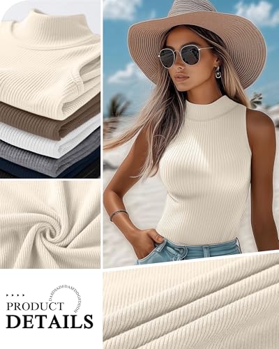 Xaatren 3 Pack Womens Sleeveless Mock Turtlenecks Shirts Ribbed Stretch Slim Fitted Tank Top Basic Lightweight Bustier TeeDark Brown Cream Light BrownSmall - Image 3