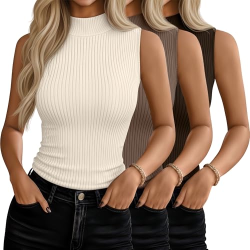 Xaatren 3 Pack Womens Sleeveless Mock Turtlenecks Shirts Ribbed Stretch Slim Fitted Tank Top Basic Lightweight Bustier TeeDark Brown Cream Light BrownSmall - Image 1