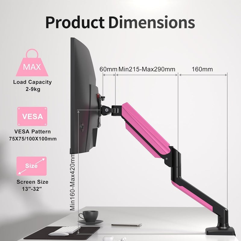 سوبتيكس حامل شاشة سوبتيك لشاشات LED LCD مقاس 13-32 بوصة حتى 9 كجم، ذراع شاشة بنابض غازي، قابل للدوران 360° وقابل لضبط الارتفاع والميلان، حامل شاشة متوافق مع VESA 75x75/100x100 مم، أسود-وردي - Image 2