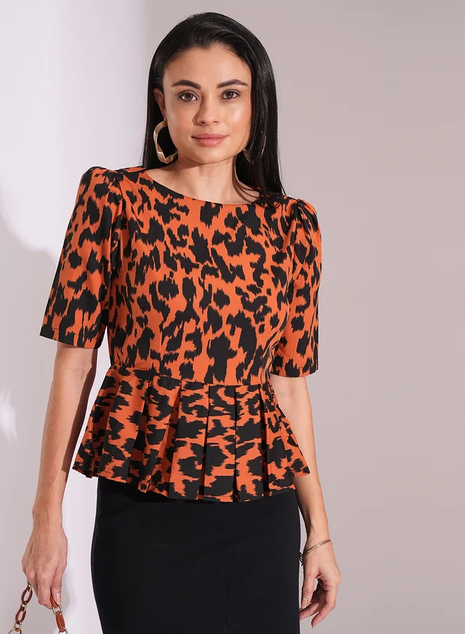 globus Globus Animal Print Puff Sleeves Pleated Peplum Top