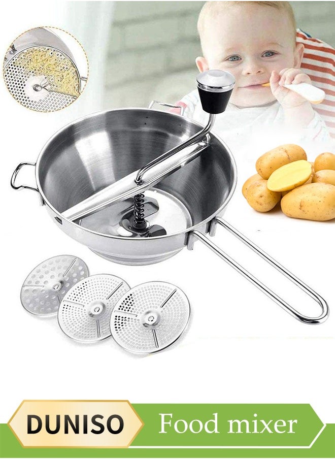 DUNISO Stainless Steel Food Mixer, Manual Grinder, Vegetable And Fruit Puree Grinder, Baby Food Grinder,  Equipped With 3 Interchangeable Shredding Plates，Easy To Clean, Suitable For Jams, Vegetable Puree, Fruits, Potatoes, And Garlic  - Image 1