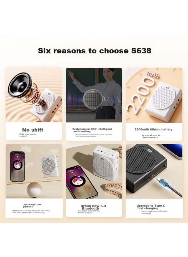 SOAIY S638 Mini Megaphone For Teachers, 18w Power, Smart Anti-howling, Built-in 300s Recording, Bluetooth Speaker, Teaching Guide, Shopping Guide, Loudspeaker, Type-c White - Image 2