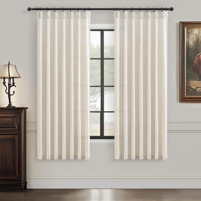 PleatedDrapes Light Filtering Kitchen Curtains 63 Inches Long 2 Sets, Basement Curtains for Small Window Cream Beige Pinch Pleated Linen Blend Short Semi Sheer Back Tab for Bay Windows 40" W x 63" L - Image 1