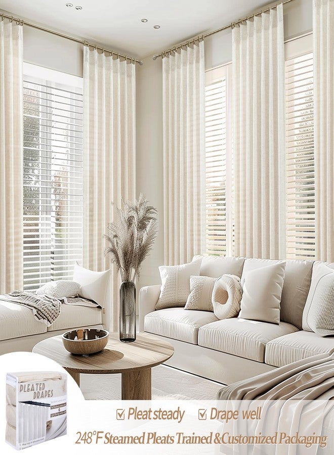 PleatedDrapes Light Filtering Kitchen Curtains 63 Inches Long 2 Sets, Basement Curtains for Small Window Cream Beige Pinch Pleated Linen Blend Short Semi Sheer Back Tab for Bay Windows 40" W x 63" L - Image 5