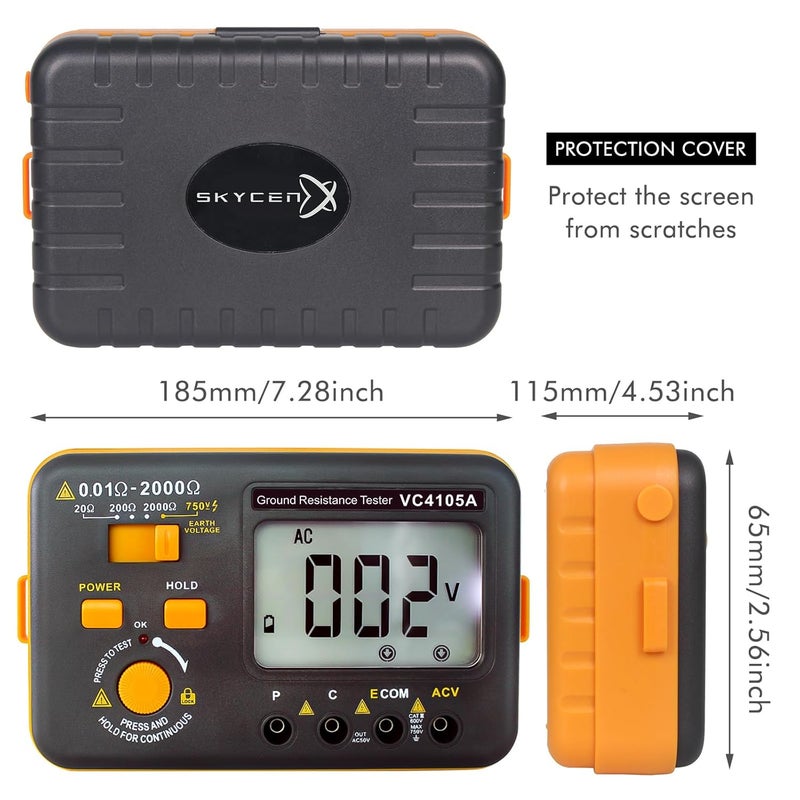 SKYCENX جهاز اختبار مقاومة الأرض VC4105A مقياس مقاومة الأرض الرقمية 20/200/2000Ω قياس مقاومة الأرض 750 فولت تيار متردد شاشة LCD مضاءة خلفياً وظيفة تثبيت البيانات - Image 5