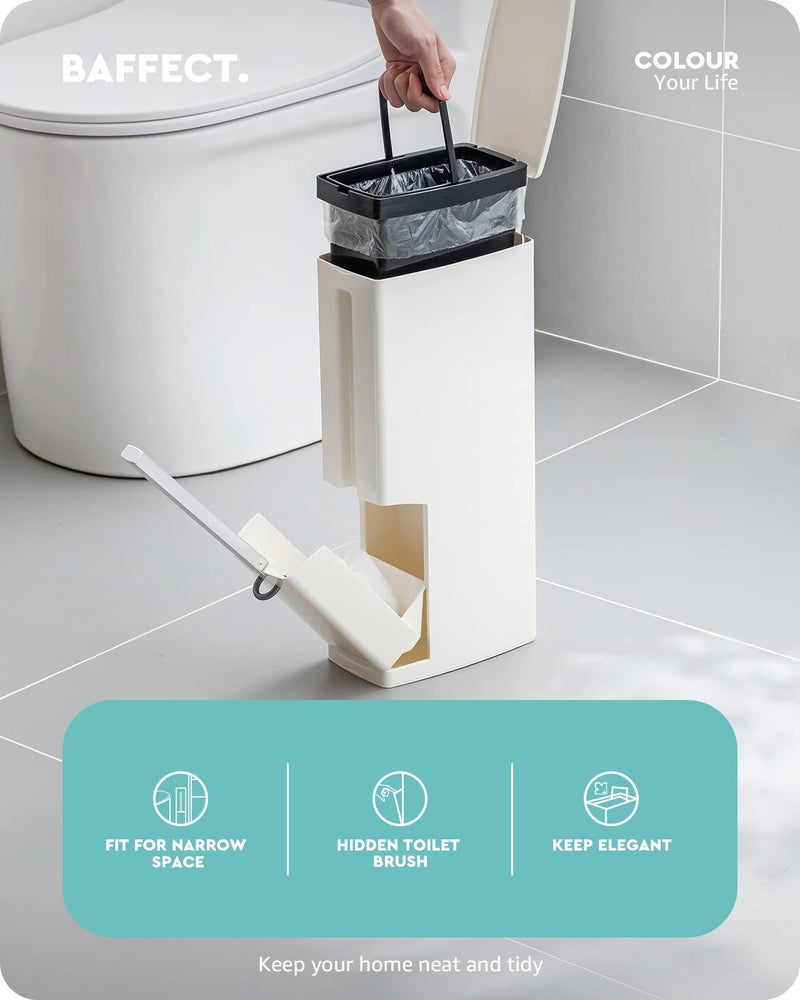 Baffect 2 Liter White Slim Bathroom Trash Can with Lid and Toilet Brush Holder - Image 2