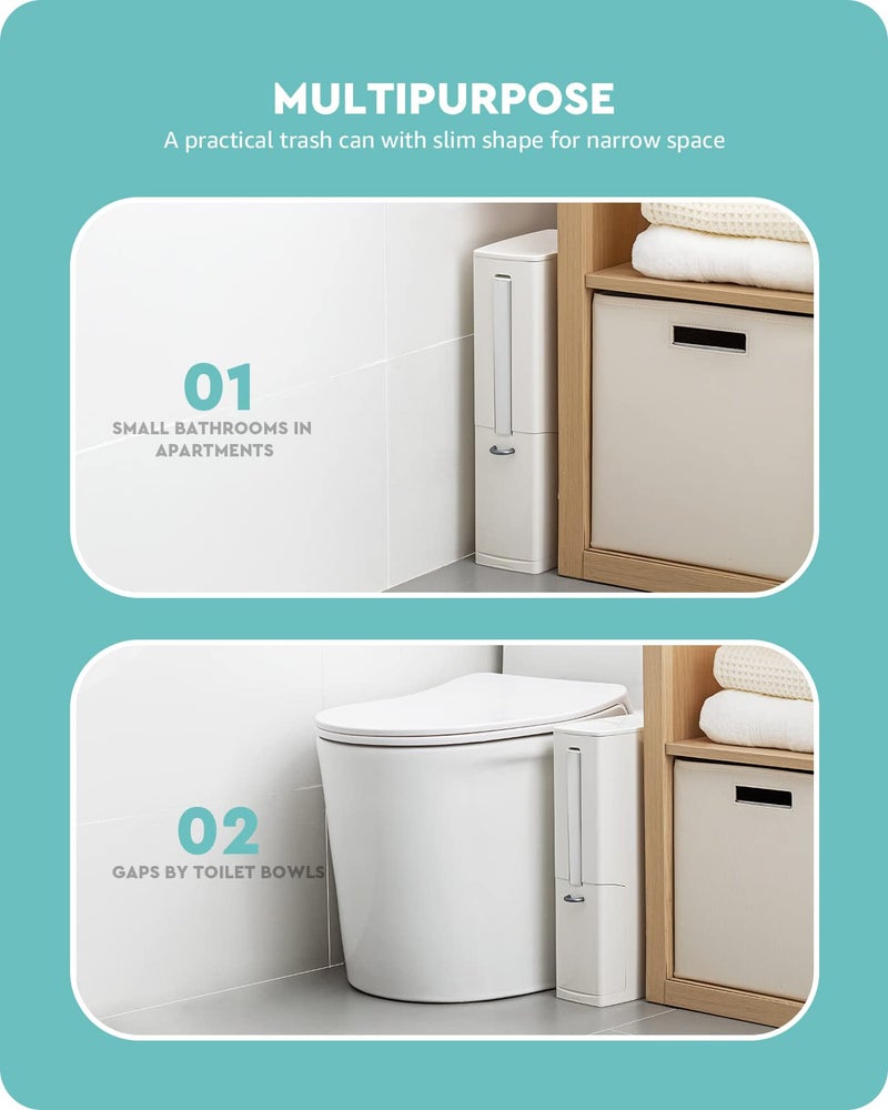 Baffect 2 Liter White Slim Bathroom Trash Can with Lid and Toilet Brush Holder - Image 4