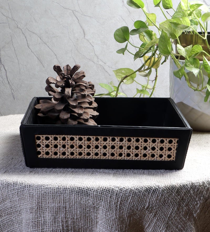 AKWAY Rattan Serving Tray | Cane Serving Tray for Home | Wicker Dining Table Decorative Trays | Bamboo | Platter with Handles Diwali or Deepawali Gifts | 12" x 12" x 3" - Image 1