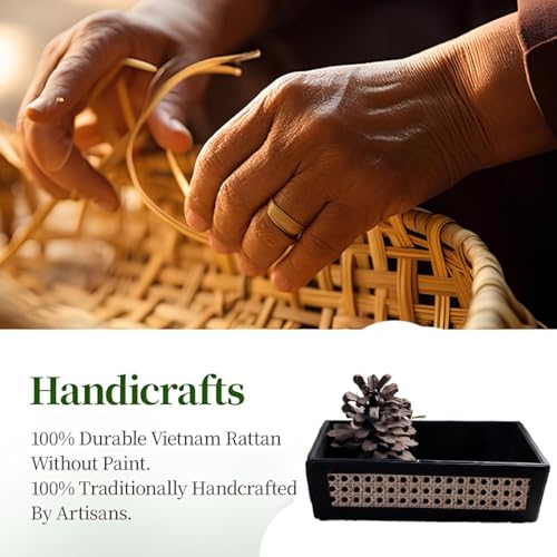 AKWAY Rattan Serving Tray | Cane Serving Tray for Home | Wicker Dining Table Decorative Trays | Bamboo | Platter with Handles Diwali or Deepawali Gifts | 12" x 12" x 3" - Image 3