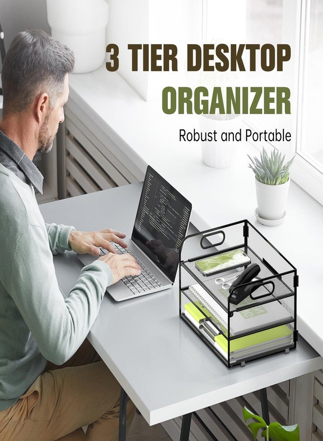 Daltack 3-Tier Paper Organizer with Handle, Mesh Desk Organizer Letter Tray, Paper Tray Organizer File Organizer for A4 File Folder, Black - Image 2