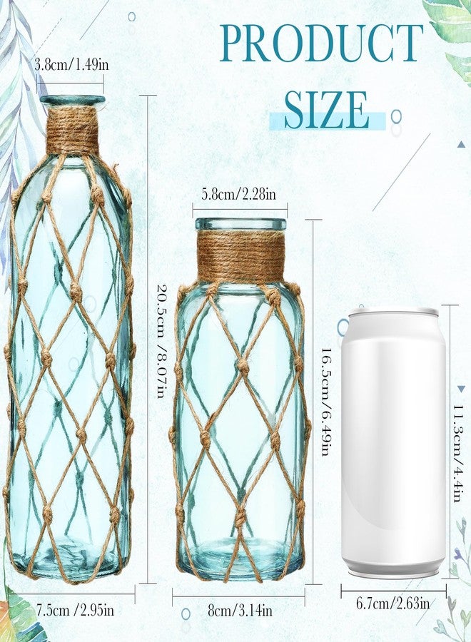 تشوانغ دي مجموعة تشوانغدي من مزهريتين زجاجيتين ساحليتين للزهور، مزهرية زهور صغيرة ملفوفة بحبل بوهيمي، زجاجة زينة شاطئية لتزيين طاولة الطعام البحرية الساحلية، ديكور تنسيق الزهور لحفلات الزفاف (أزرق فاتح). - Image 2