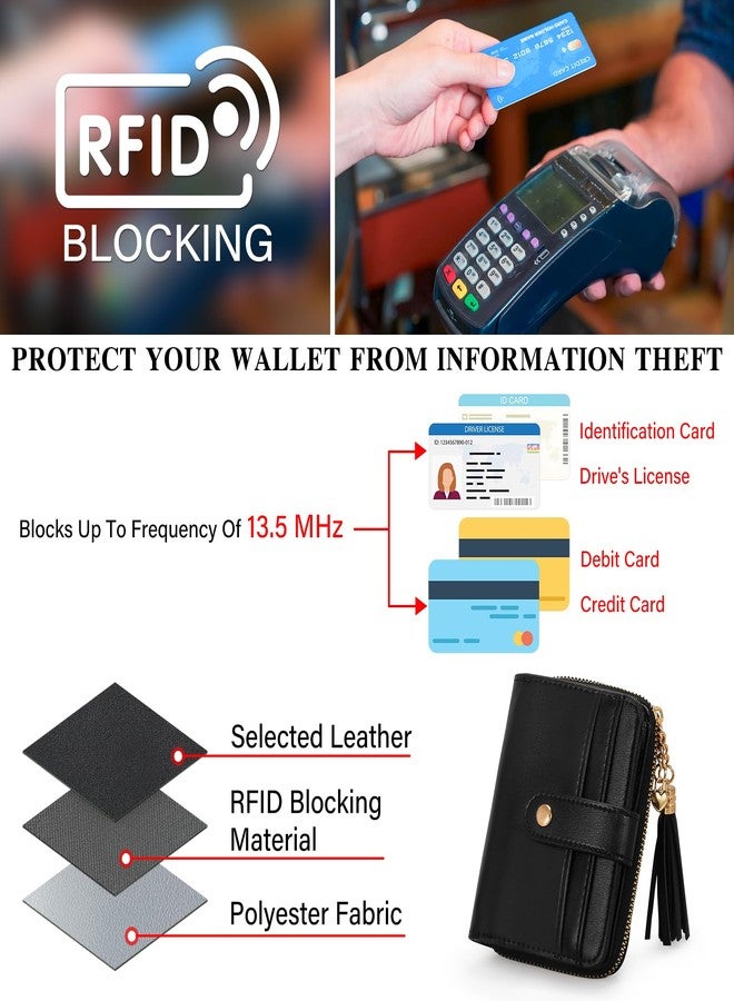 oscaurt محفظة أوسكورت النسائية الصغيرة ثنائية الطي، مزودة بتقنية حجب RFID، وحامل لبطاقات الائتمان، ونافذة لبطاقة الهوية، وجيب للعملات المعدنية بسحاب مزين بشرابة. محفظة أنيقة للنساء والفتيات المراهقات، لون أسود. - Image 4