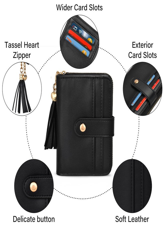 oscaurt محفظة أوسكورت النسائية الصغيرة ثنائية الطي، مزودة بتقنية حجب RFID، وحامل لبطاقات الائتمان، ونافذة لبطاقة الهوية، وجيب للعملات المعدنية بسحاب مزين بشرابة. محفظة أنيقة للنساء والفتيات المراهقات، لون أسود. - Image 5