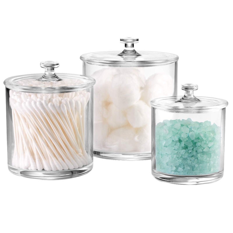 SheeChung 3 Pack Premium Acrylic Qtip Holder Apothecary Jars Bathroom Vanity Organizer Canister for Cotton Swabs, Cotton Balls, Cosmetic Pads, Flossers, Bath Salts, Hair Ties, Clear Plastic Jar with Labels - Image 1