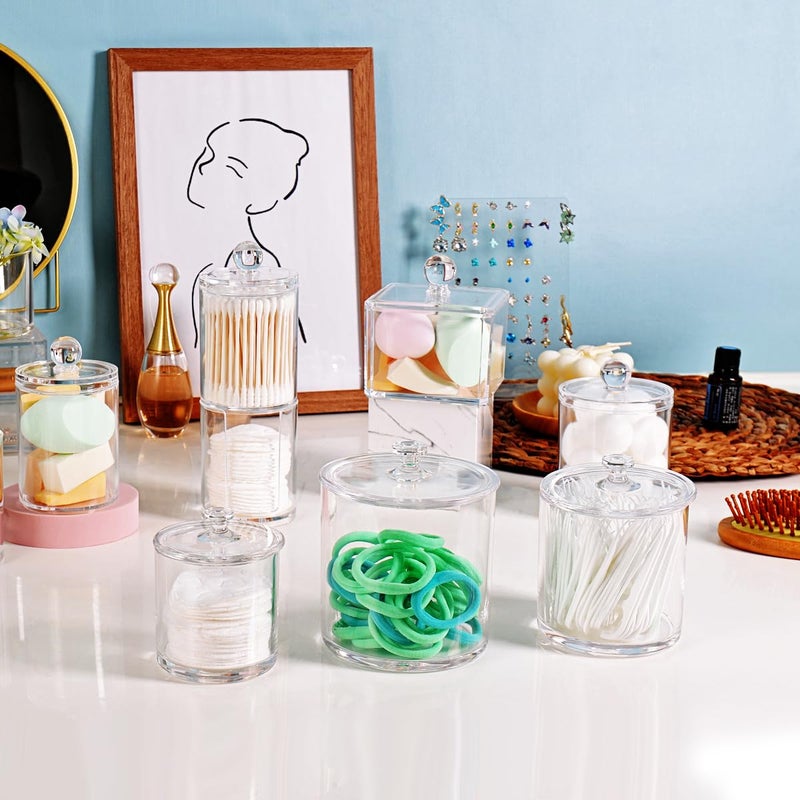 SheeChung 3 Pack Premium Acrylic Qtip Holder Apothecary Jars Bathroom Vanity Organizer Canister for Cotton Swabs, Cotton Balls, Cosmetic Pads, Flossers, Bath Salts, Hair Ties, Clear Plastic Jar with Labels - Image 3