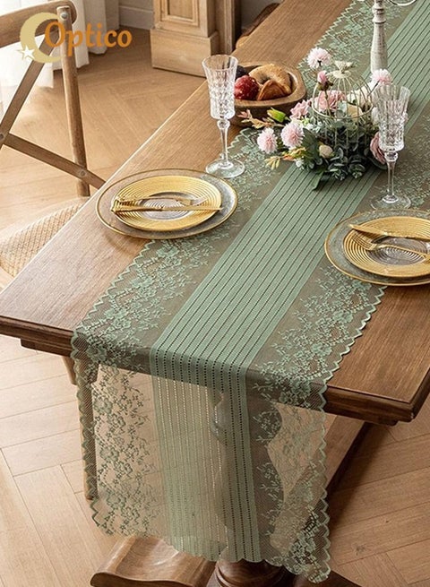 Table Runner, Rustic Boho Gauze Cloth Runner Table Runner Romantic Lace Tablecloth 5.9ft Long Runner Table Decor Dresser Scarf Vintage Table Decoration,Striped and Floral Design, for Kitchen Dining Picnic Coffee Table,and Wedding Banquet Home Decoration