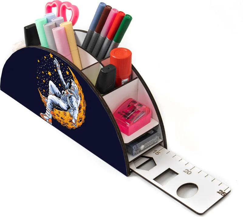 Notpa Wooden Vip Moon and Astronaut Desktop Pen Holder Box with Ruler Organizer for Kids VIP16