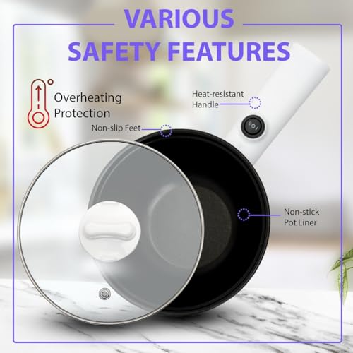 Jecrina Electric Non-Stick Saucepan Cooking Pot with Lid Portable Electric Pan with Adjustable Heat Compact Electric Pan for Home Kitchen Electric Hot Pot Cooker [ White ] - Image 3