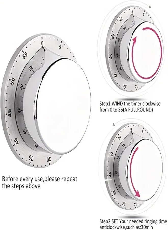 ارواق مؤقت طاهٍ من الفولاذ المقاوم للصدأ مع إنذار عالي - لا حاجة إلى بطاريات، دعامة مغناطيسية، جودة عالية ومقاومة للتآكل، قرص 60 دقيقة للطهي والخبز والقراءة والواجبات المنزلية ومؤقت الطهي، مؤقت بسيط، أداة مطبخ مغناطيسية - Image 3