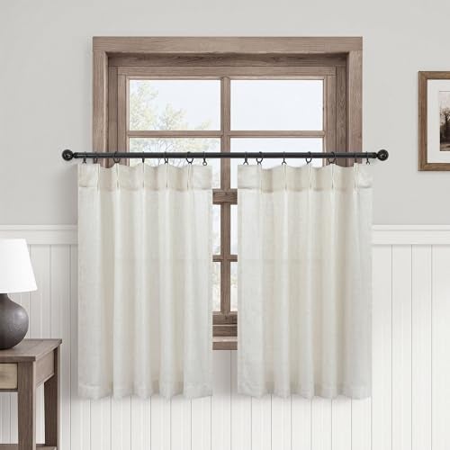 DANCURTON Pinch Pleated Cream Linen Kitchen Curtain 24 Inch Length 2 Panel Set Modern Neutral Short Cafe Curtains with Hooks Light Filtering Semi Sheer Small Window Treatment Tiers for Basement 30x24 2 FT Ivory - Image 1