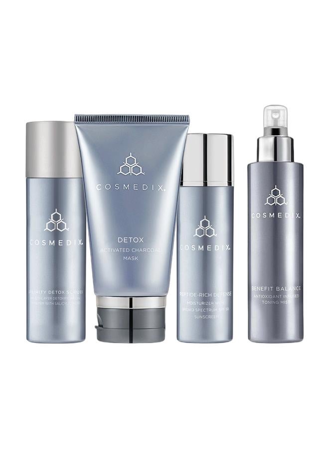 CosMedix Detox PM Activated Charcoal Overnight Purifying Face Mask | For Deep Cleansed Pore Refined And Detoxified Skin 74g & Peptide Rich Defense Daily Moisturiser Broad Spectrum SPF 50 Sunscreen | Anti-Ageing UV Protection | For All Skin Types 50ml & Purity Detox Multi-Layer Exfoliating Face Scrub Papaya Enzymes And Willow Bark | For Deep Skin Detox And Pore Cleansing 90g & Benefit Balance Antioxidant Infused Toning Mist Pore Refining And Skin Balancing Prep Mist | For Glowing Complexion 150ml Bundle - Image 1